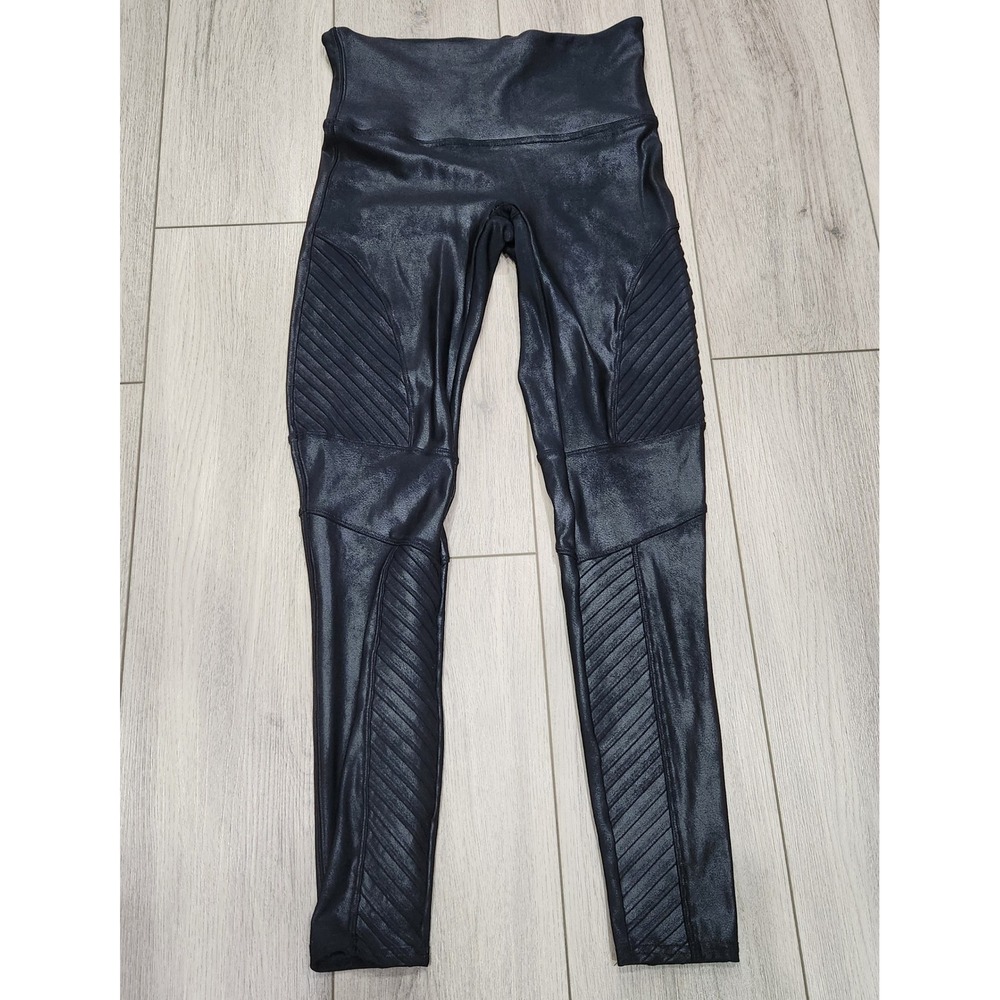 Spanx Womens Faux Leather Moto Leggings Black Metallic High Rise Shaping‎ Large
